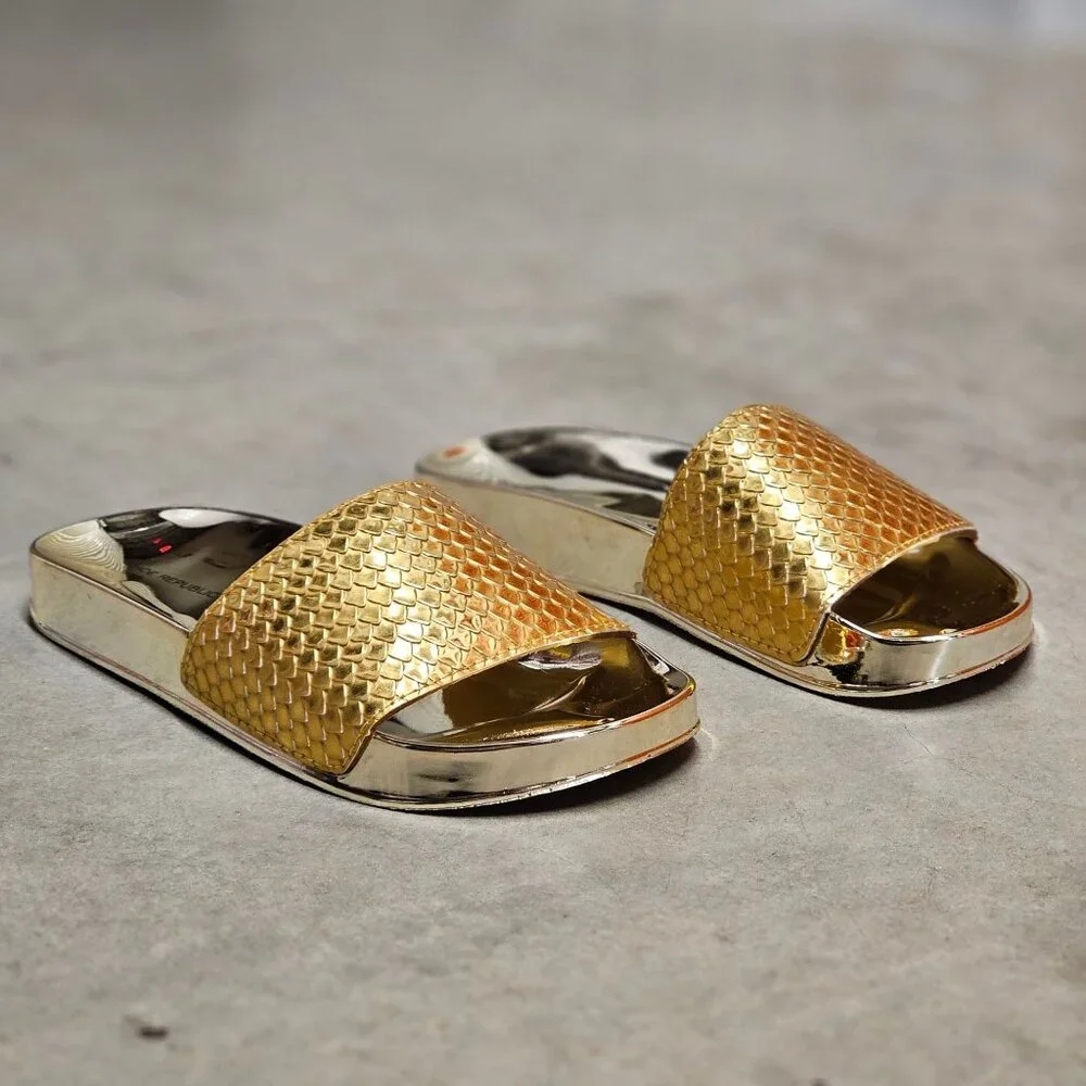 Metallic Gold Snake Pattern Slide Sandals With Reflective Sole - Stylish & Comfo
